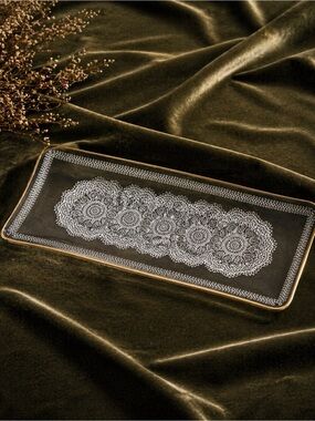 Crystal Clear Studios White Lace Rectangle Tray Gold Gilt  Vintage